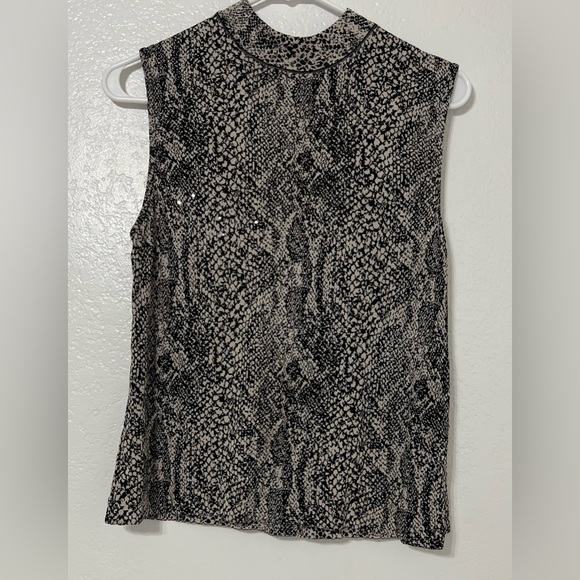 St. John Tops - St. John Black Tan Animal Print Knit Sleeveless Mock Neck Sequin Top Size M